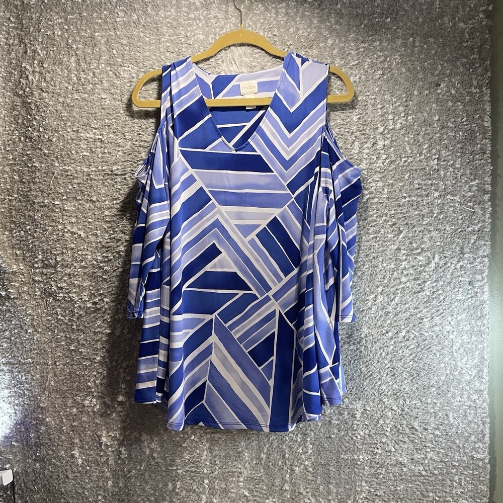 Chico's Women's Blouse Cold Shoulder 3/4 Sleeve Stretch Geometric Preppy 4, XXL